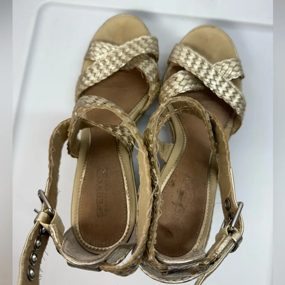 Sperry Top-Sider Wedge Leather Gold Ankle Strap Espadrille Sandals Size 8.5